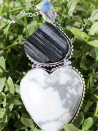 Black Tourmaline and Howlite Heart Pendant Necklace