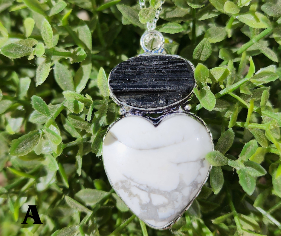 Black Tourmaline and Howlite Heart Pendant Necklace