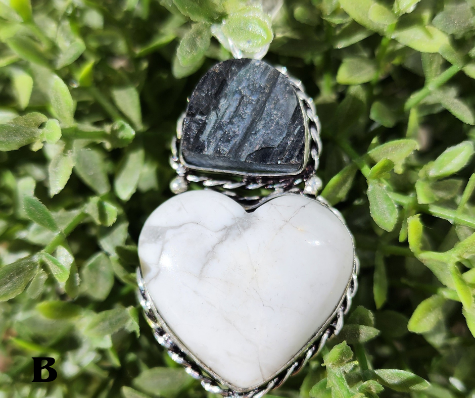 Black Tourmaline and Howlite Heart Pendant Necklace