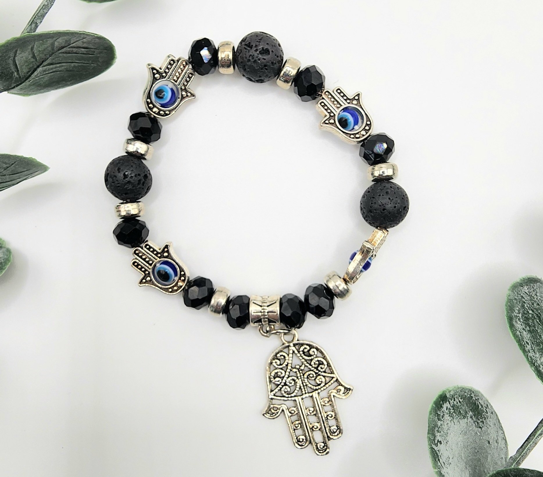 Hamsa Lava Bead Protection Bracelet